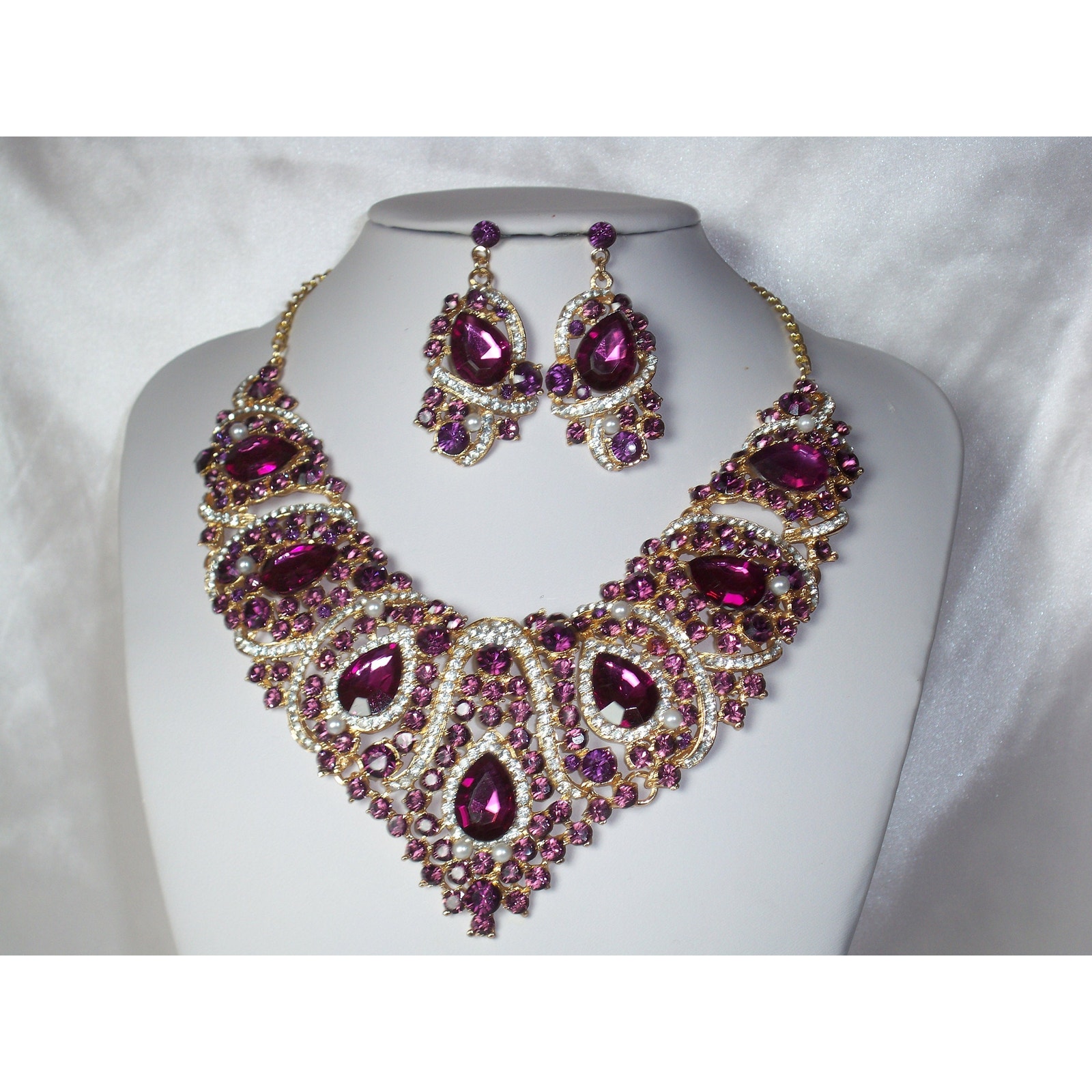 Purple Rhinestone Necklace Set Statement Formal Evening Bridal Party Necklace